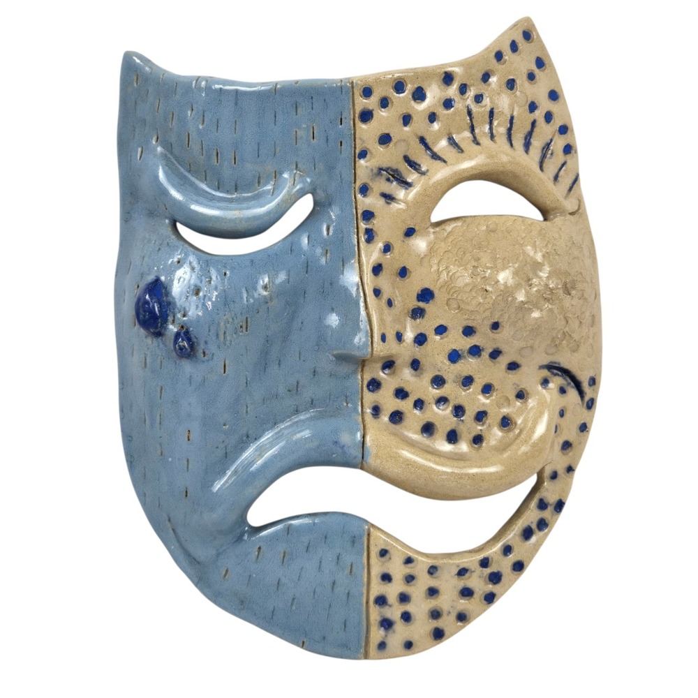 Studio Art Pottery Clay Sculpted Comedy/Tragedy Face Mask Glazed Signed 10x8"